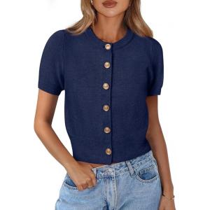 image:imagePRETTYGARDEN Womens Casual Summer Short Sleeve Cardigans 2026 Button Down Knitted Sweater Basic Crew Neck Crop TopsNavy Blue