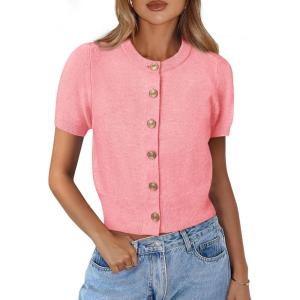 image:imagePRETTYGARDEN Womens Casual Summer Short Sleeve Cardigans 2026 Button Down Knitted Sweater Basic Crew Neck Crop TopsPink