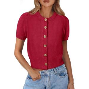 image:imagePRETTYGARDEN Womens Casual Summer Short Sleeve Cardigans 2026 Button Down Knitted Sweater Basic Crew Neck Crop TopsRed