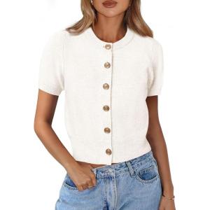image:imagePRETTYGARDEN Womens Casual Summer Short Sleeve Cardigans 2026 Button Down Knitted Sweater Basic Crew Neck Crop TopsWhite