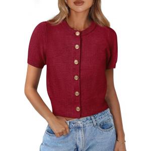 image:imagePRETTYGARDEN Womens Casual Summer Short Sleeve Cardigans 2026 Button Down Knitted Sweater Basic Crew Neck Crop TopsWine Red