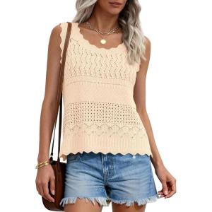 image:imagePRETTYGARDEN Womens Crochet Tank Tops 2026 Summer Spring Sleeveless Tops Cute Sweater Vest Trendy Boho Beach Vacation ClothesBeige