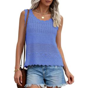 image:imagePRETTYGARDEN Womens Crochet Tank Tops 2026 Summer Spring Sleeveless Tops Cute Sweater Vest Trendy Boho Beach Vacation ClothesBlue