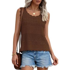 image:imagePRETTYGARDEN Womens Crochet Tank Tops 2026 Summer Spring Sleeveless Tops Cute Sweater Vest Trendy Boho Beach Vacation ClothesBrown