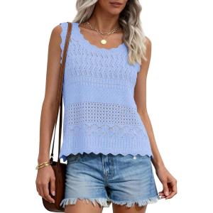 image:imagePRETTYGARDEN Womens Crochet Tank Tops 2026 Summer Spring Sleeveless Tops Cute Sweater Vest Trendy Boho Beach Vacation ClothesLight Blue