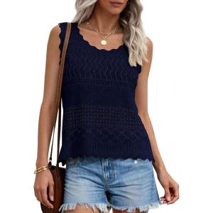 image:imagePRETTYGARDEN Womens Crochet Tank Tops 2026 Summer Spring Sleeveless Tops Cute Sweater Vest Trendy Boho Beach Vacation ClothesNavy Blue