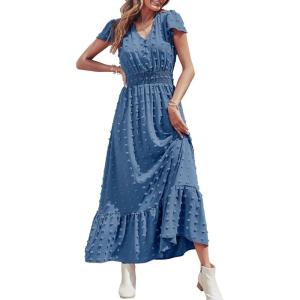 image:imagePRETTYGARDEN Womens Dresses 2026 Summer Maxi Dress Boho Short Sleeve V Neck Swiss Dot Ruffle Tiered Smocked Flowy Long DressAblue
