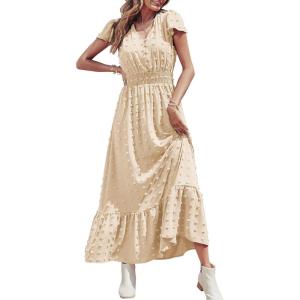 image:imagePRETTYGARDEN Womens Dresses 2026 Summer Maxi Dress Boho Short Sleeve V Neck Swiss Dot Ruffle Tiered Smocked Flowy Long DressApricot
