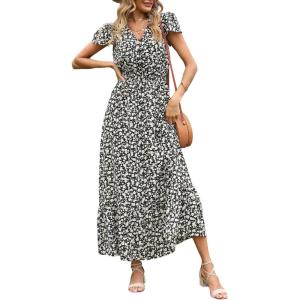 image:imagePRETTYGARDEN Womens Dresses 2026 Summer Maxi Dress Boho Short Sleeve V Neck Swiss Dot Ruffle Tiered Smocked Flowy Long DressBlack Apricot