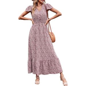 image:imagePRETTYGARDEN Womens Dresses 2026 Summer Maxi Dress Boho Short Sleeve V Neck Swiss Dot Ruffle Tiered Smocked Flowy Long DressCoffee Pink