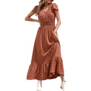 image:imagePRETTYGARDEN Womens Dresses 2026 Summer Maxi Dress Boho Short Sleeve V Neck Swiss Dot Ruffle Tiered Smocked Flowy Long DressOrange Red