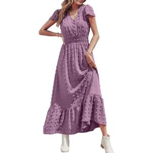 image:imagePRETTYGARDEN Womens Dresses 2026 Summer Maxi Dress Boho Short Sleeve V Neck Swiss Dot Ruffle Tiered Smocked Flowy Long DressPurple