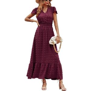 image:imagePRETTYGARDEN Womens Dresses 2026 Summer Maxi Dress Boho Short Sleeve V Neck Swiss Dot Ruffle Tiered Smocked Flowy Long DressWine Red
