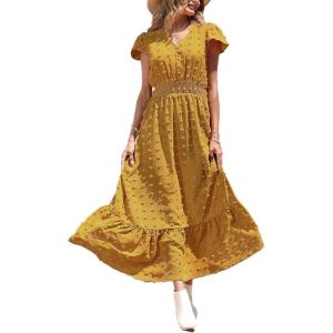 image:imagePRETTYGARDEN Womens Dresses 2026 Summer Maxi Dress Boho Short Sleeve V Neck Swiss Dot Ruffle Tiered Smocked Flowy Long DressYellow