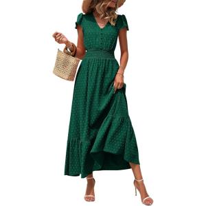 image:imagePRETTYGARDEN Womens Dresses 2026 Summer Maxi Dress Boho Short Sleeve V Neck Swiss Dot Ruffle Tiered Smocked Flowy Long DressZ02dark Green