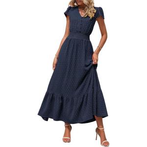image:imagePRETTYGARDEN Womens Dresses 2026 Summer Maxi Dress Boho Short Sleeve V Neck Swiss Dot Ruffle Tiered Smocked Flowy Long DressZ02navy