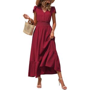 image:imagePRETTYGARDEN Womens Dresses 2026 Summer Maxi Dress Boho Short Sleeve V Neck Swiss Dot Ruffle Tiered Smocked Flowy Long DressZ02red