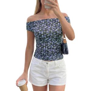 image:imagePRETTYGARDEN Womens Off The Shoulder Tops 2026 Summer Y2K Clothes Going Out Shirts Ruched Tank Top Date Night OutfitsFloral Black Purple