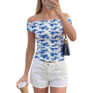 image:imagePRETTYGARDEN Womens Off The Shoulder Tops 2026 Summer Y2K Clothes Going Out Shirts Ruched Tank Top Date Night OutfitsFloral White Blue