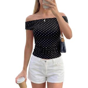 image:imagePRETTYGARDEN Womens Off The Shoulder Tops 2026 Summer Y2K Clothes Going Out Shirts Ruched Tank Top Date Night OutfitsPolka Dot Black White