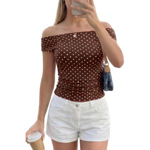 image:imagePRETTYGARDEN Womens Off The Shoulder Tops 2026 Summer Y2K Clothes Going Out Shirts Ruched Tank Top Date Night OutfitsPolka Dot Brown Beige