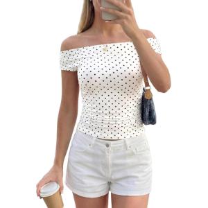 image:imagePRETTYGARDEN Womens Off The Shoulder Tops 2026 Summer Y2K Clothes Going Out Shirts Ruched Tank Top Date Night OutfitsPolka Dot White Black