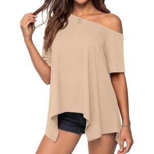 image:imagePRETTYGARDEN Womens Off the Shoulder Summer Tops Short Sleeve Tunic Blouse 2026 Casual Spring Asymmetrical Oversized TshirtsBeige