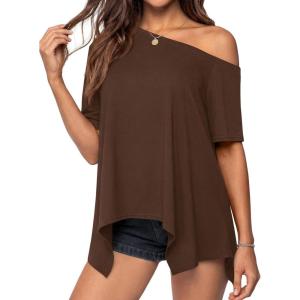 image:imagePRETTYGARDEN Womens Off the Shoulder Summer Tops Short Sleeve Tunic Blouse 2026 Casual Spring Asymmetrical Oversized TshirtsBrown
