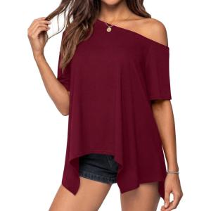image:imagePRETTYGARDEN Womens Off the Shoulder Summer Tops Short Sleeve Tunic Blouse 2026 Casual Spring Asymmetrical Oversized TshirtsBurgundy