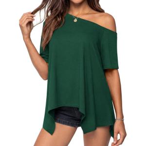image:imagePRETTYGARDEN Womens Off the Shoulder Summer Tops Short Sleeve Tunic Blouse 2026 Casual Spring Asymmetrical Oversized TshirtsDark Green