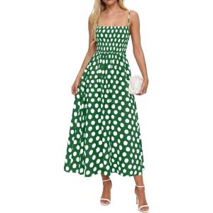 image:imagePRETTYGARDEN Womens Polka Dot Dress 2026 Summer Spaghetti Strap Smocked Sundress Beach Vacation Wedding Guest Midi DressesGreen
