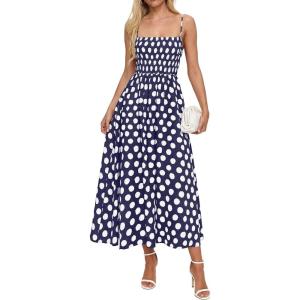image:imagePRETTYGARDEN Womens Polka Dot Dress 2026 Summer Spaghetti Strap Smocked Sundress Beach Vacation Wedding Guest Midi DressesNavy Blue