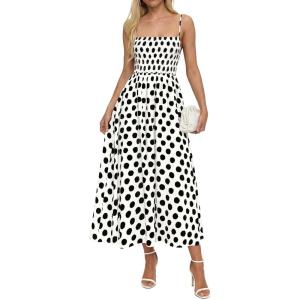 image:imagePRETTYGARDEN Womens Polka Dot Dress 2026 Summer Spaghetti Strap Smocked Sundress Beach Vacation Wedding Guest Midi DressesWhite