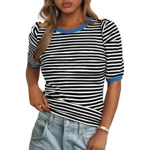 image:imagePRETTYGARDEN Womens Puff Short Sleeve Summer Tops 2026 Casual Ribbed Knit Work Basic Tees Crewneck Spring Striped T ShirtsBlack