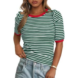 image:imagePRETTYGARDEN Womens Puff Short Sleeve Summer Tops 2026 Casual Ribbed Knit Work Basic Tees Crewneck Spring Striped T ShirtsGreen