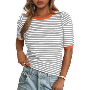 image:imagePRETTYGARDEN Womens Puff Short Sleeve Summer Tops 2026 Casual Ribbed Knit Work Basic Tees Crewneck Spring Striped T ShirtsGrey