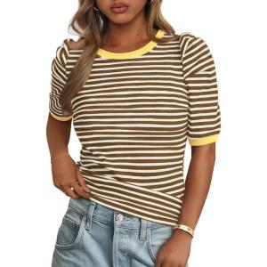image:imagePRETTYGARDEN Womens Puff Short Sleeve Summer Tops 2026 Casual Ribbed Knit Work Basic Tees Crewneck Spring Striped T ShirtsKhaki
