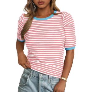 image:imagePRETTYGARDEN Womens Puff Short Sleeve Summer Tops 2026 Casual Ribbed Knit Work Basic Tees Crewneck Spring Striped T ShirtsPink