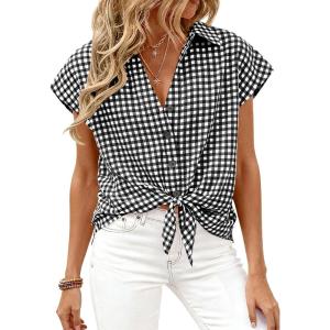 image:imagePRETTYGARDEN Womens Short Sleeve Shirts Plaid Button Down Blouse Dressy Casual 2026 Summer Spring Business Gingham Work TopsBlack