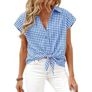 image:imagePRETTYGARDEN Womens Short Sleeve Shirts Plaid Button Down Blouse Dressy Casual 2026 Summer Spring Business Gingham Work TopsBlue