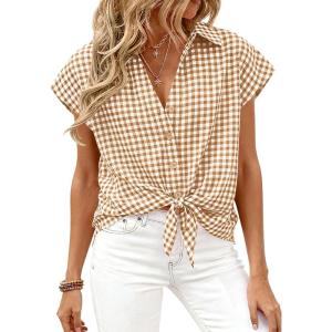 image:imagePRETTYGARDEN Womens Short Sleeve Shirts Plaid Button Down Blouse Dressy Casual 2026 Summer Spring Business Gingham Work TopsBrown