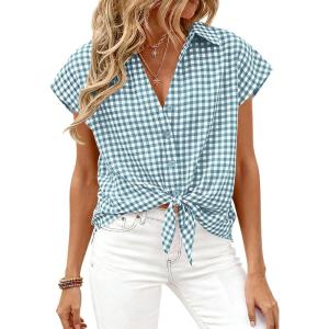 image:imagePRETTYGARDEN Womens Short Sleeve Shirts Plaid Button Down Blouse Dressy Casual 2026 Summer Spring Business Gingham Work TopsGrey Blue
