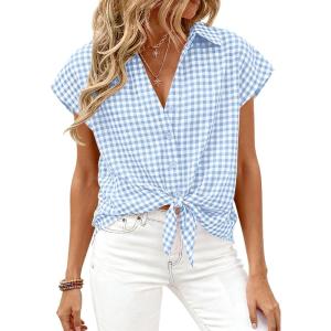 image:imagePRETTYGARDEN Womens Short Sleeve Shirts Plaid Button Down Blouse Dressy Casual 2026 Summer Spring Business Gingham Work TopsLight Blue