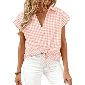 image:imagePRETTYGARDEN Womens Short Sleeve Shirts Plaid Button Down Blouse Dressy Casual 2026 Summer Spring Business Gingham Work TopsLight Pink