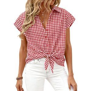 image:imagePRETTYGARDEN Womens Short Sleeve Shirts Plaid Button Down Blouse Dressy Casual 2026 Summer Spring Business Gingham Work TopsWine Red