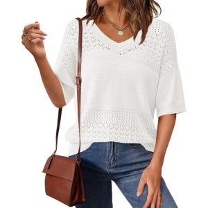image:imagePRETTYGARDEN Womens Short Sleeve Sweater Tops 2026 Spring Summer Casual V Neck Ribbed Knit Trendy Eyelet Blouse T ShirtsBeige White
