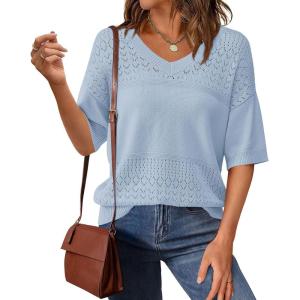 image:imagePRETTYGARDEN Womens Short Sleeve Sweater Tops 2026 Spring Summer Casual V Neck Ribbed Knit Trendy Eyelet Blouse T ShirtsLight Blue