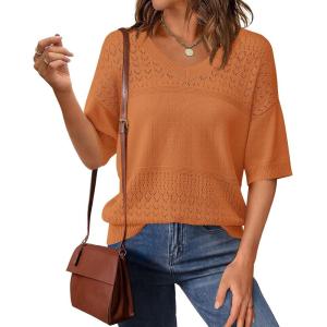 image:imagePRETTYGARDEN Womens Short Sleeve Sweater Tops 2026 Spring Summer Casual V Neck Ribbed Knit Trendy Eyelet Blouse T ShirtsOrange Red