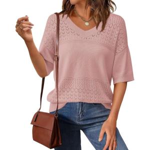 image:imagePRETTYGARDEN Womens Short Sleeve Sweater Tops 2026 Spring Summer Casual V Neck Ribbed Knit Trendy Eyelet Blouse T ShirtsPink