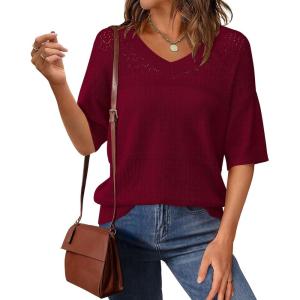 image:imagePRETTYGARDEN Womens Short Sleeve Sweater Tops 2026 Spring Summer Casual V Neck Ribbed Knit Trendy Eyelet Blouse T ShirtsWine Red
